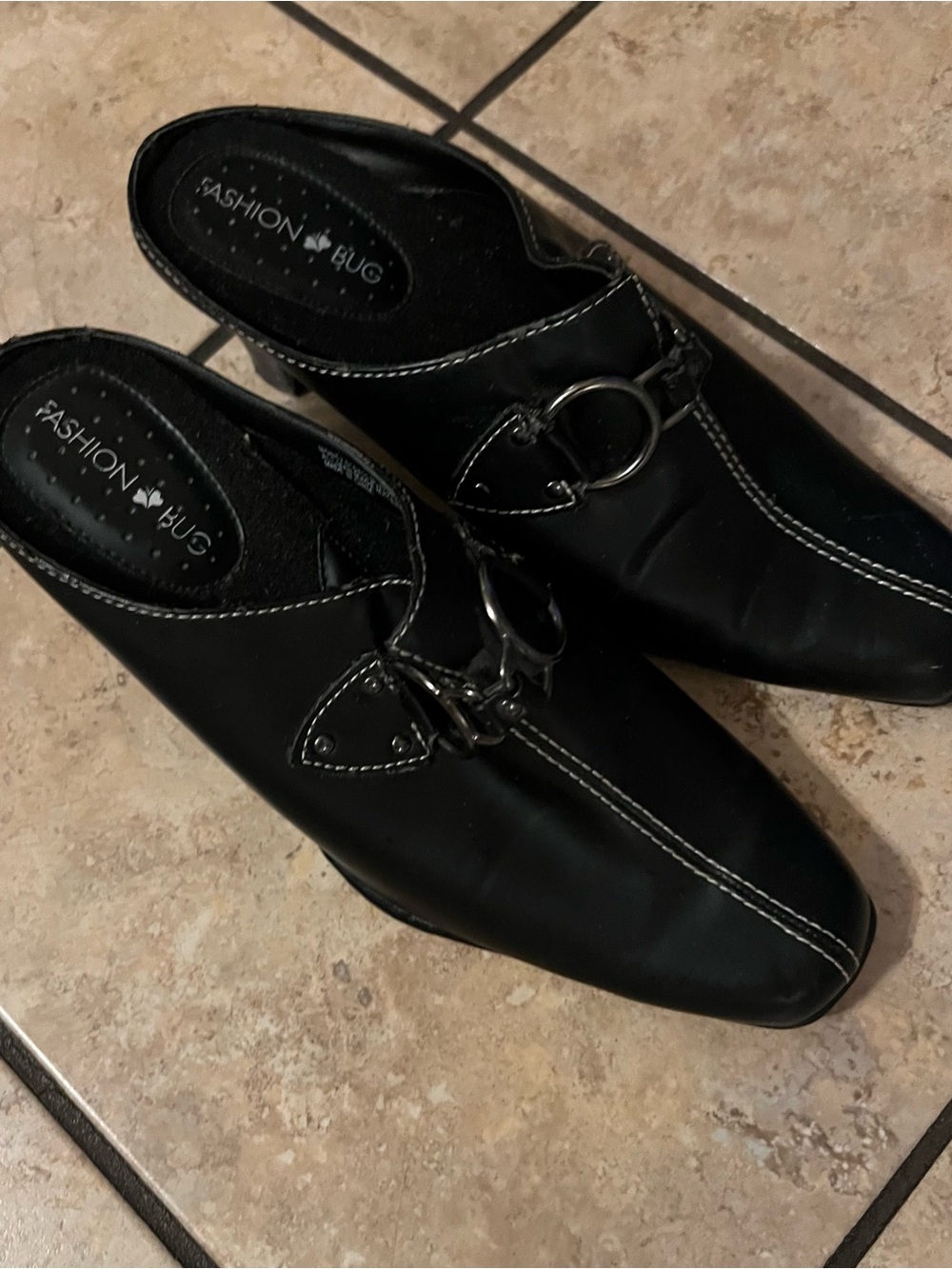 Fashion Bug Black Slip-On Mules with Silver Ring Detail